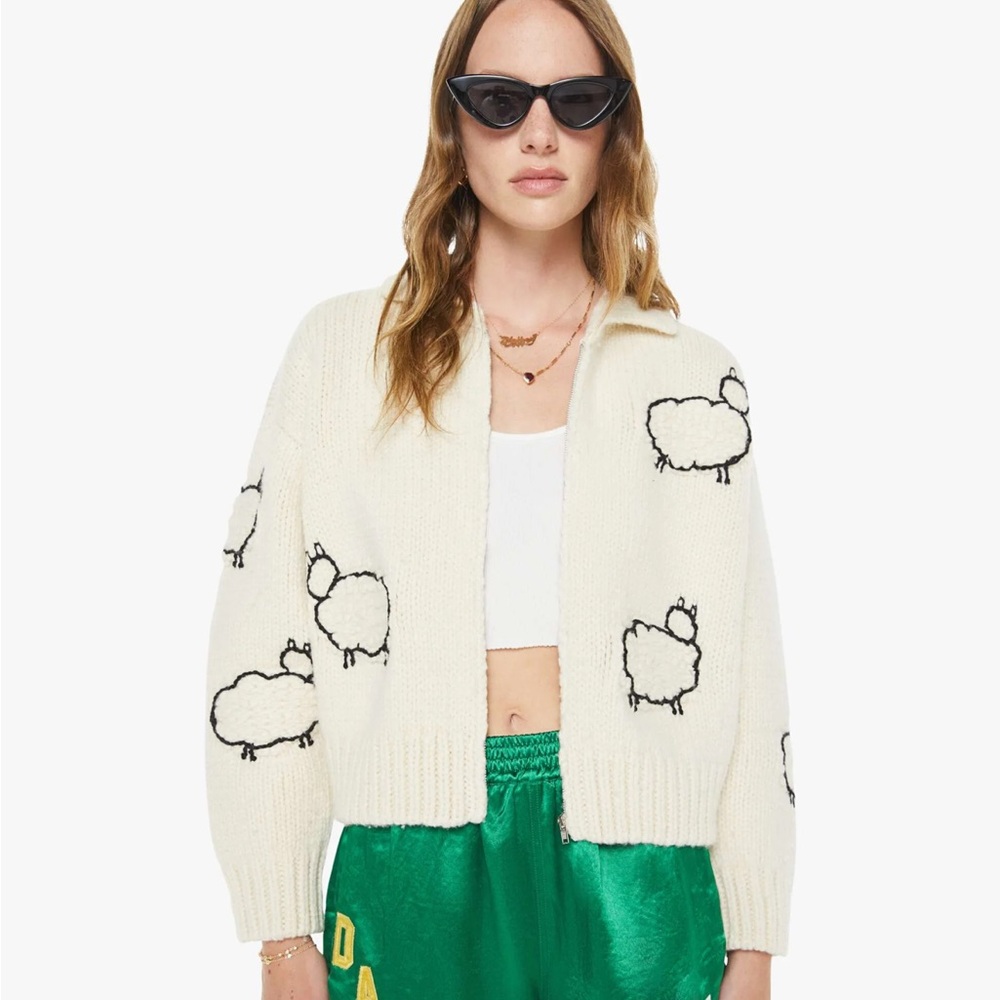 MOTHER Cream Wool Cardigan with Black Sheep Motif